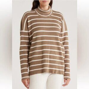Splendid × Cella Jane Ribbed Turtleneck Sweater Snow/Toast Stripe Sz Small